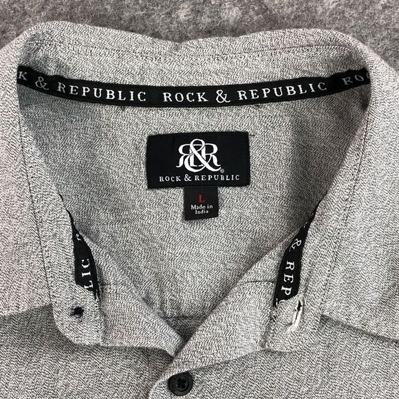 Rock & Republic Mens Shirt Large Gray Button Up Long Sleeve Front Zipper Cotton - Picture 7 of 12